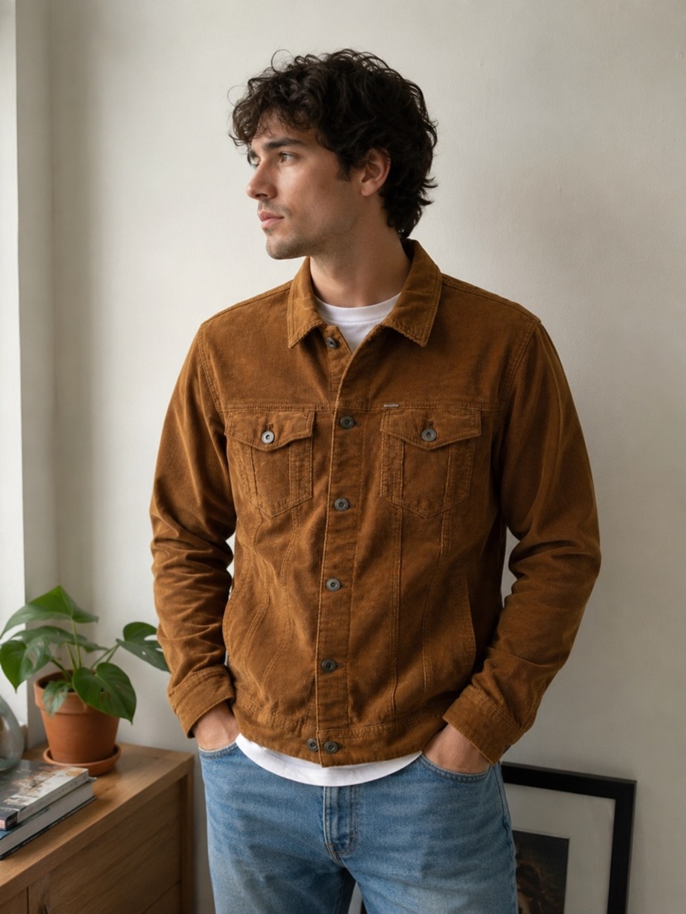Zara Man Brown Corduroy Trucker Jacket Men’s Large Button Front